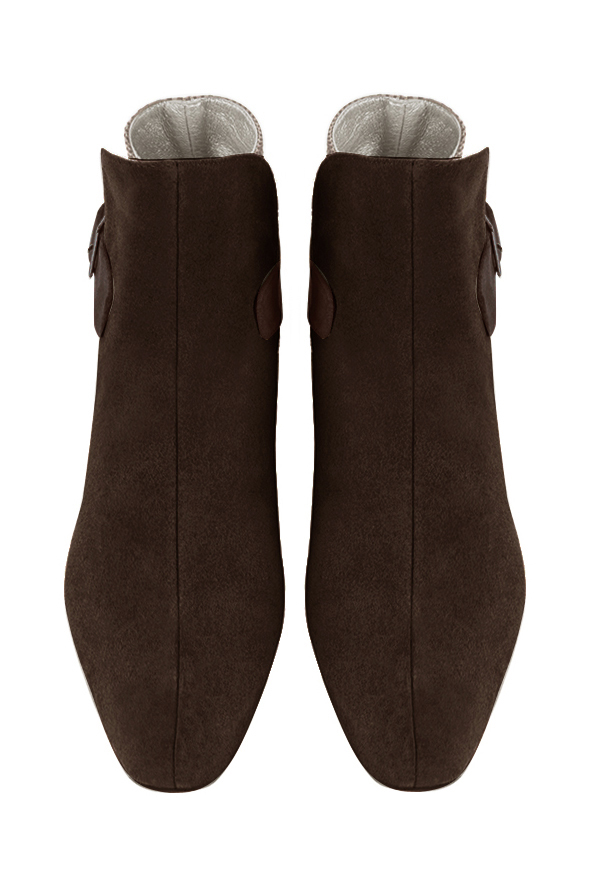 Dark brown and tan beige women's ankle boots with buckles at the back. Square toe. Medium block heels. Top view - Florence KOOIJMAN